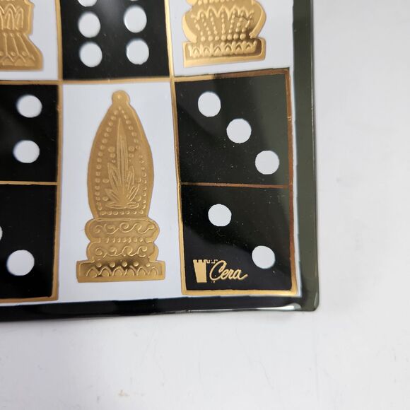 Rare Cera Glass Square Trays Set 2 24K Gold Games Chess Dominoes Smoky1950s MCM - Picture 9 of 9